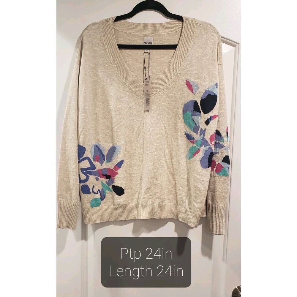 Nic + Zoe Blooming V Neck Sweater Size 1X Lightweight Floral NWT